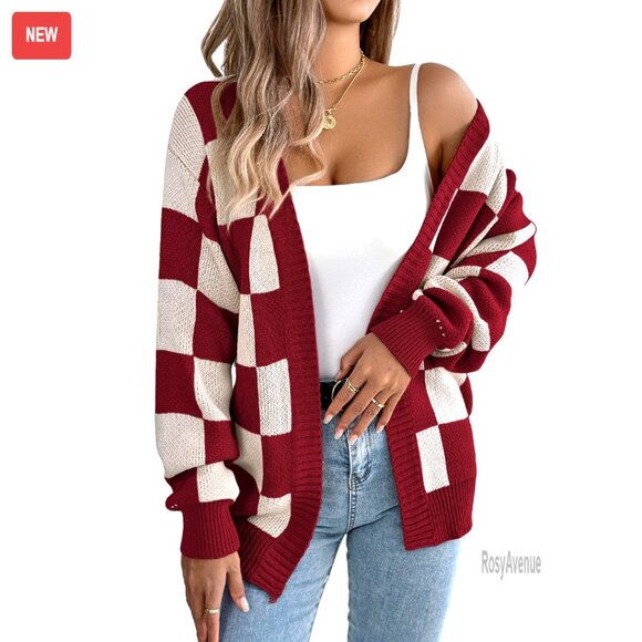 Oversized Checkered Cardigan Sweater Casual Knit Jacket Fall Winter Wear